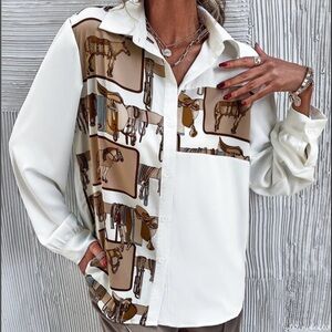 Equestrian Print Button-Up Blouse